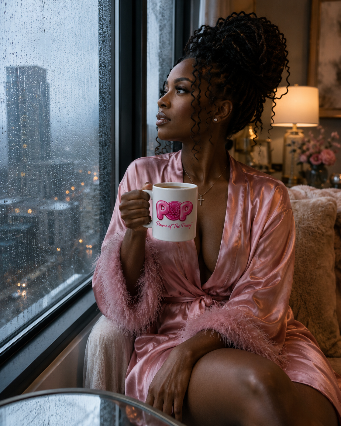 POP woman in silk robe with mug